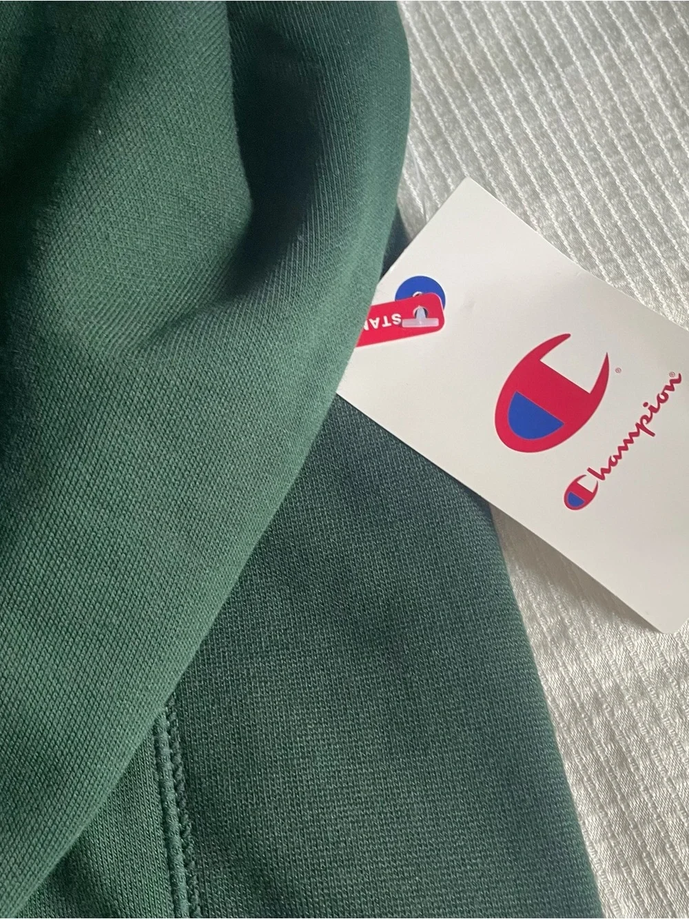 Champion Dark Green Crewneck Pullover with Cream Stripe Accents
